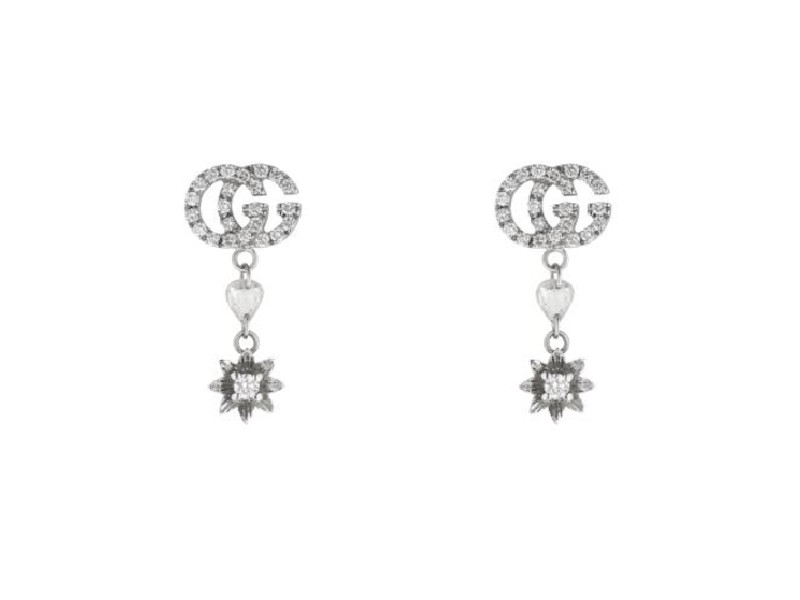 WHITE GOLD EARRINGS WITH DIAMONDS FLOWER AND DOUBLE G FLORA GUCCI YBD58183000100U